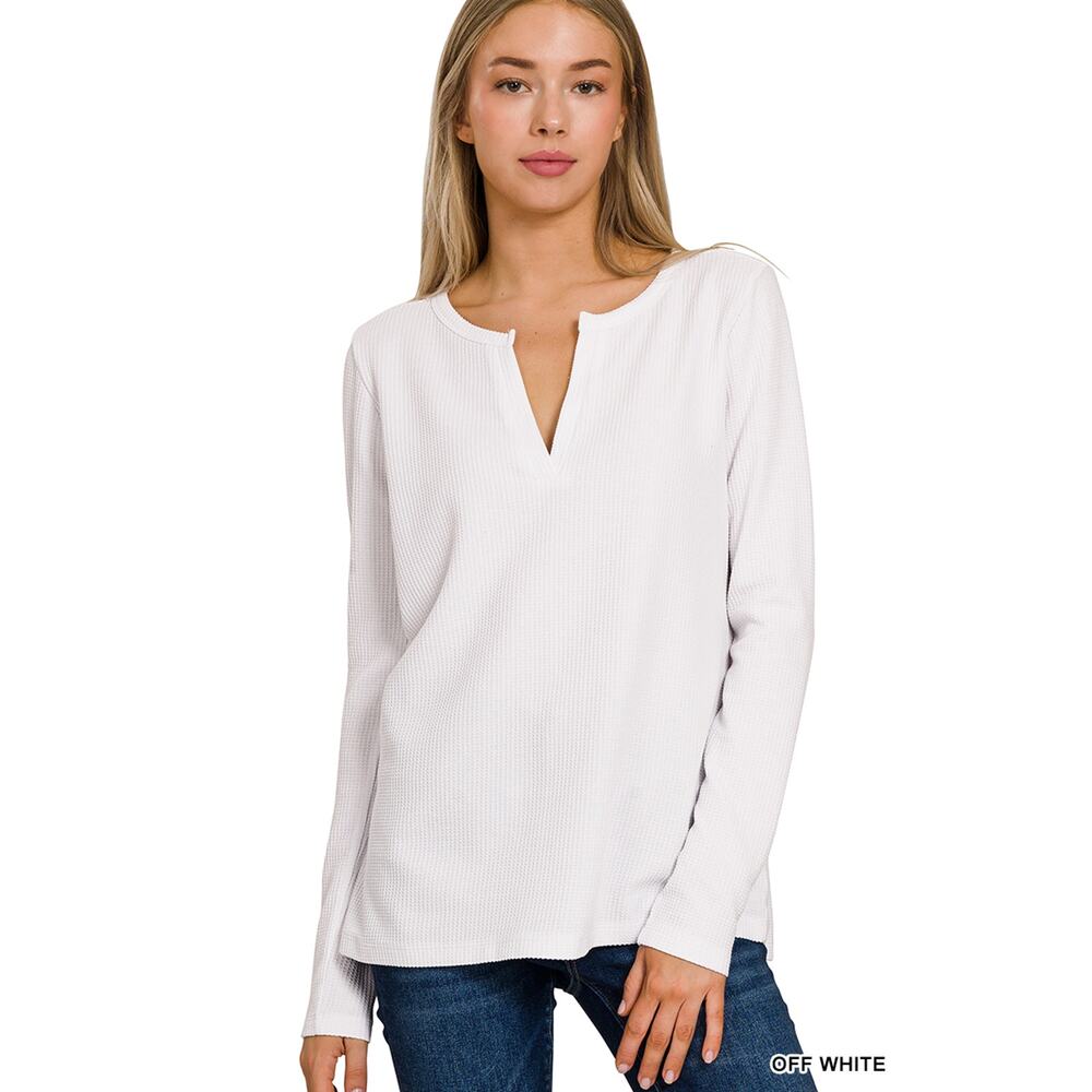 NWT OFF WHITE BABY WAFFLE V-NECK LONG SLEEVE TOP - Large